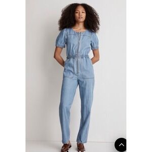 Madewell Denim Puff-Sleeve Zip Coverall Jumpsuit Milburn Wash Blue Size 14‎ NWT